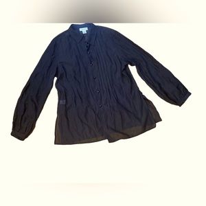 Basic staple Sheer SILK black flounce sleeve pearlized buttons. Calvin Klein